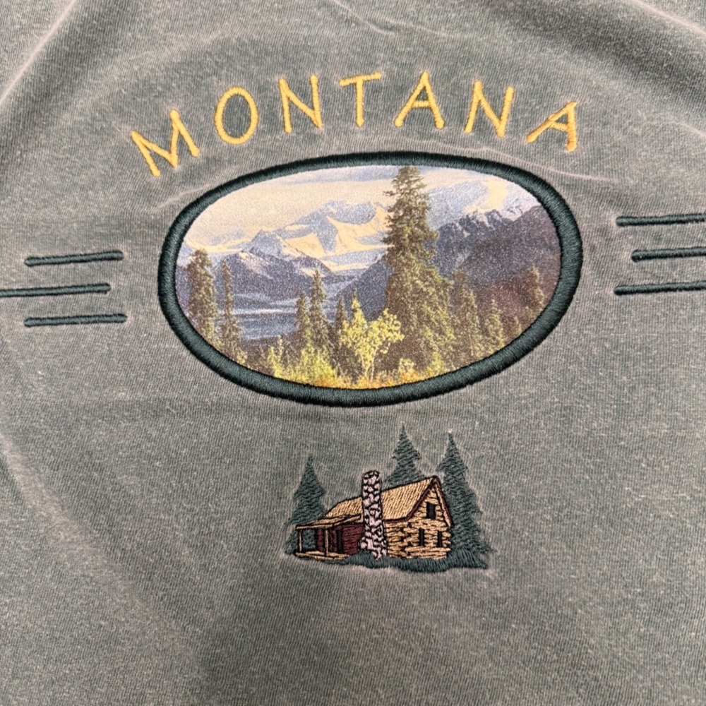 Vintage de LANNO Montana Graphic T-Shirt XL Sage Green Embroidered Cabin Canada - Picture 2 of 6